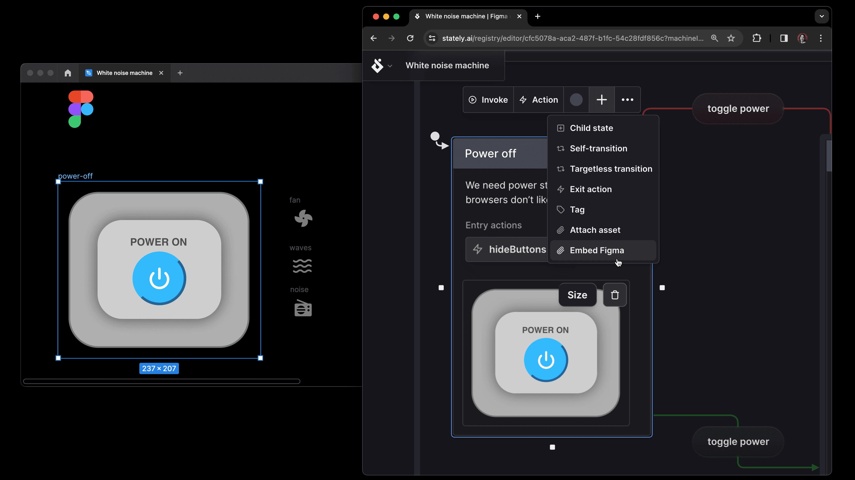 Figma showing a frame with a mockup for a power button. Stately Studio showing that same frame embedded in the power off state.