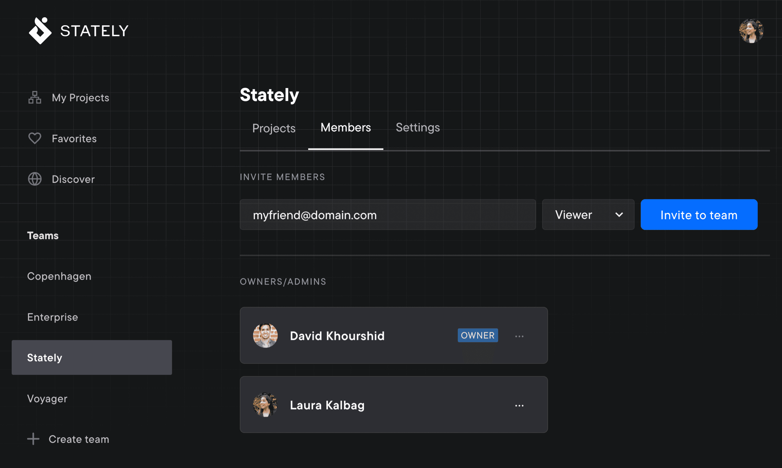 The Members view of the Stately team in the Stately Studio. There’s an inline Invite Members form with options for an email address, and dropdown for role with “Viewer” currently selected. In the team there’s a list of Owners/Admins including David Khourshid and Laura Kalbag. David has a badge of “Owner” alongside his avatar.
