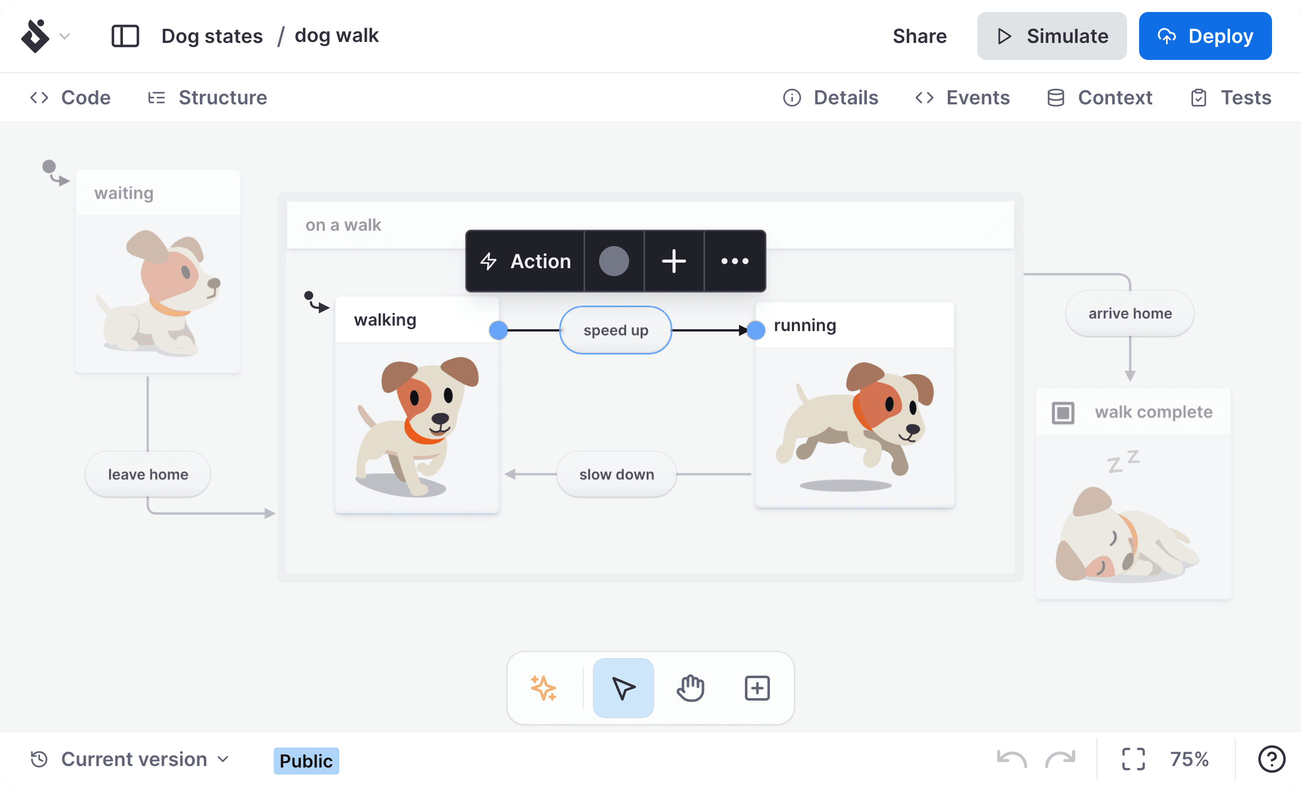 A dog walk machine open in Stately Studio's editor. The dog walk machine has cute puppy images for each state, showing a dog walking and running. The speed up event is selected, and information and options for that transition is shown in an inspector panel on the right.